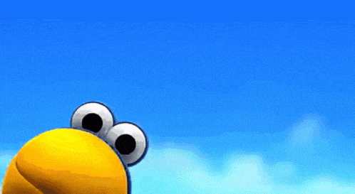 blue bird type character looking through a magnifying glass with the sky in the background