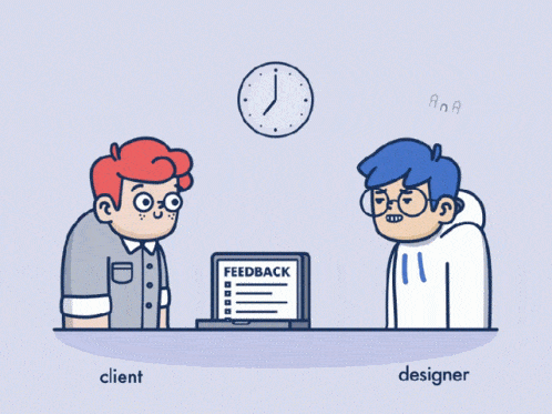 client nodding his head and pushing a laptop that says feedback and the designer is shaking his head in disagreement and pushing the laptop back to the client