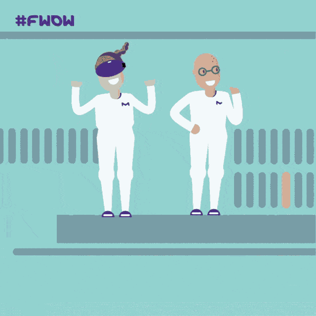 two men characters wearing white suits and practicing yoga withe the text sliding in and saying "we are flexible"