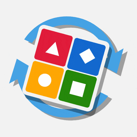 a red triangle, blue diamond, yellow circle and green square with a blue arrow rotating around it in a clockwise direction