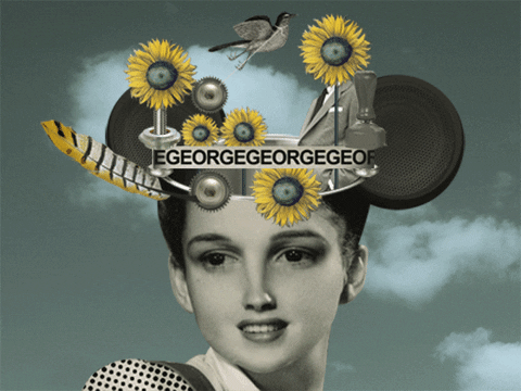 an old photograph of a woman wearing Micky mouse ears blinking and she's wearing a hat with yellow sunflowers and a yellow feather swinging around in circles